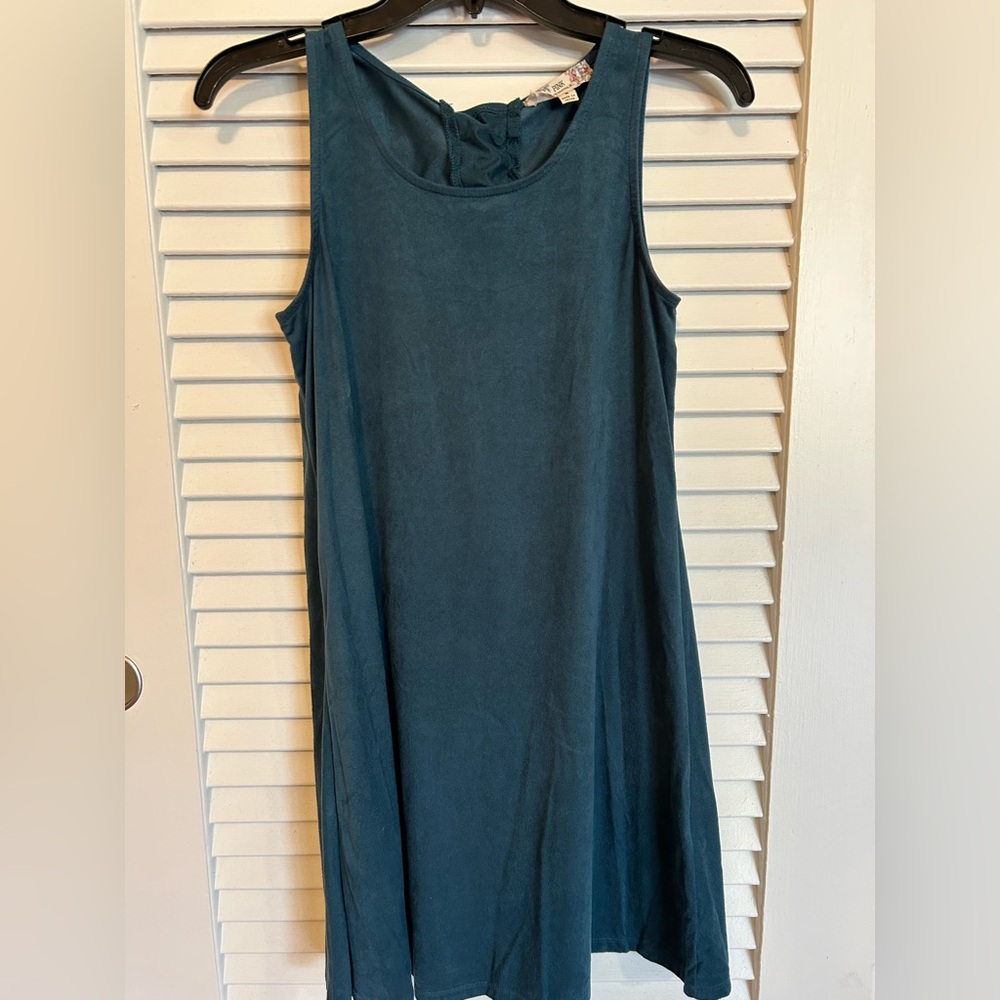 Blue Sleeveless Suede Dress with Lace Up Back